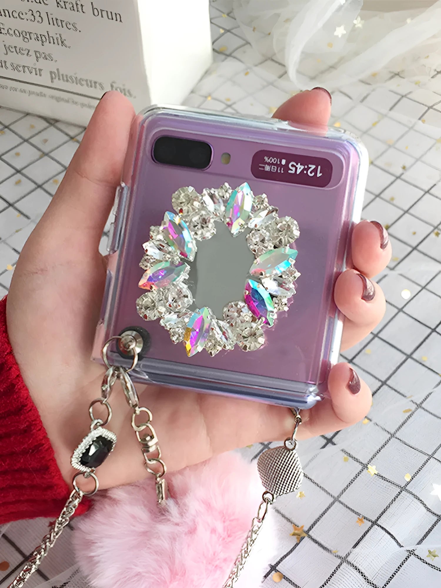 Samsung Galaxy Z Flip protective case with cartoon diagonal diamond hair powder hair ball design