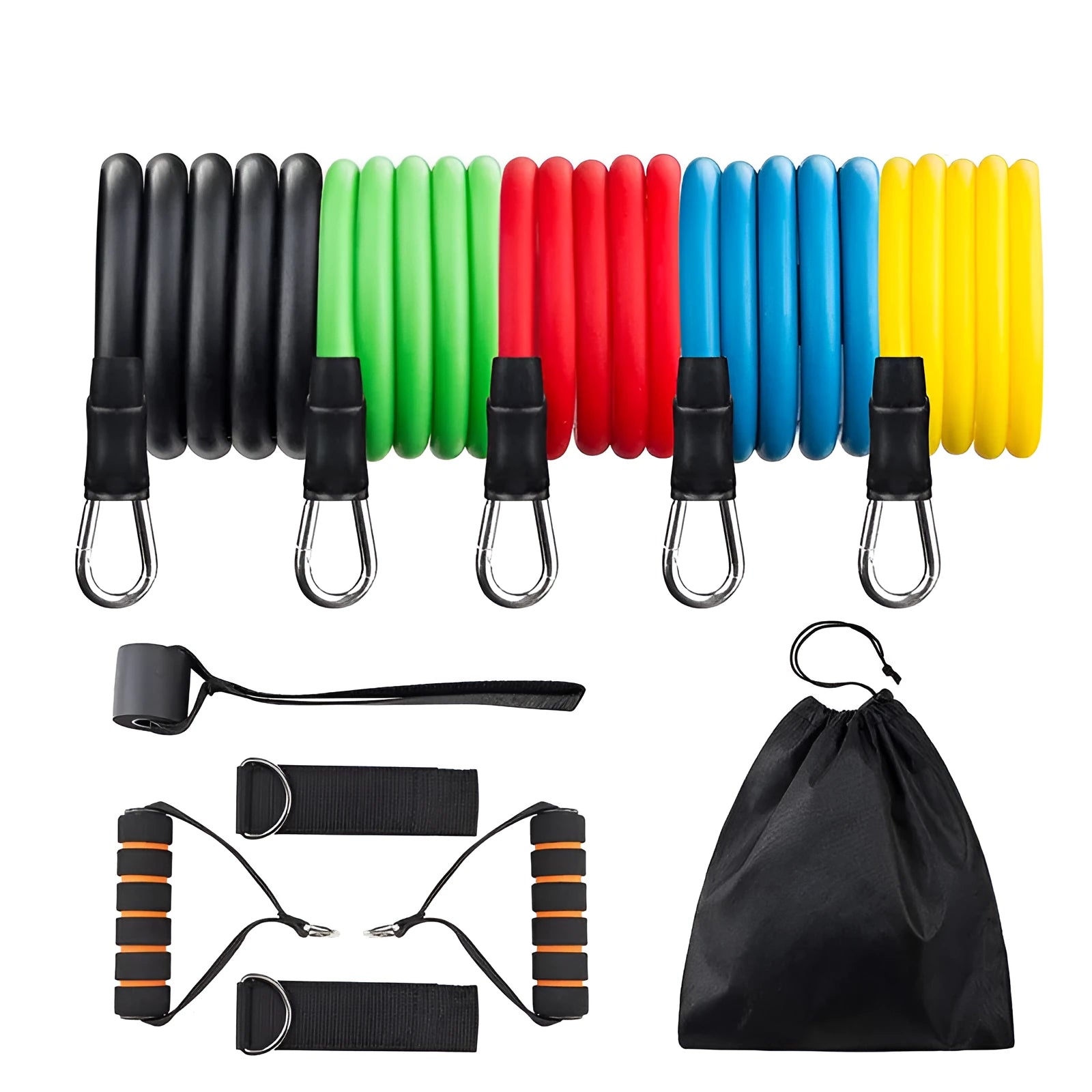 Set of five colour-coded TPE resistance ropes: yellow 10lb, green 15lb, red 20lb, blue 25lb, black 30lb, each 1.2m long