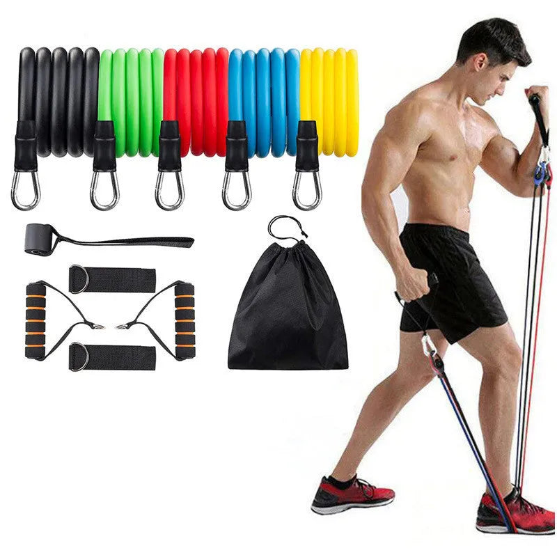 Set of five colour-coded TPE resistance ropes: yellow 10lb, green 15lb, red 20lb, blue 25lb, black 30lb, each 1.2m long