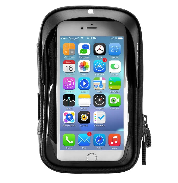 Black waterproof bicycle handlebar bag with transparent touch screen window on bike handlebars