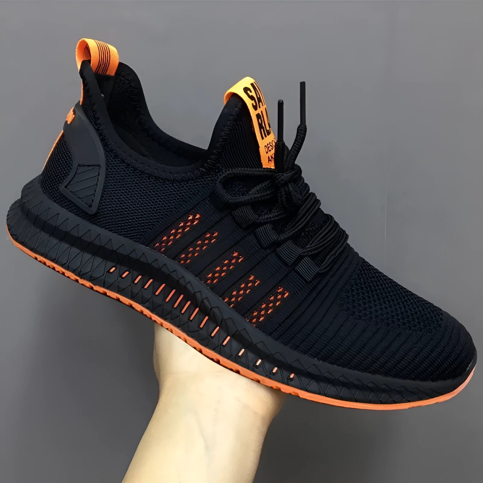 Men's all black mesh work shoes breathable lightweight sports casual rubber sole side view