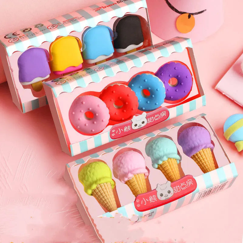 12 cartoon erasers in cone, ice cream, lollipop and donut shapes for students