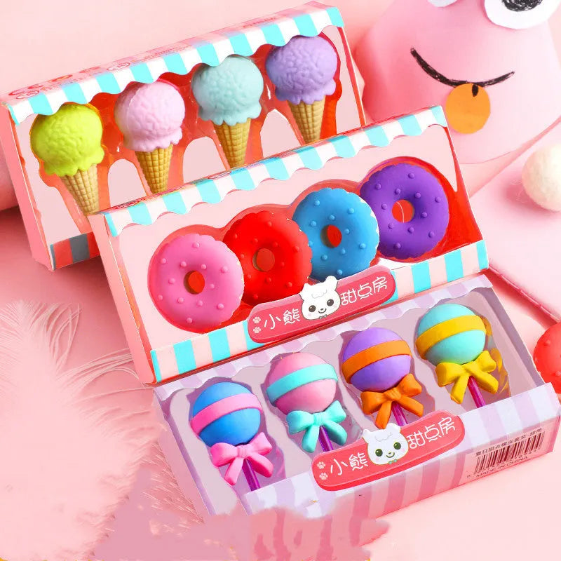 12 cartoon erasers in cone, ice cream, lollipop and donut shapes for students
