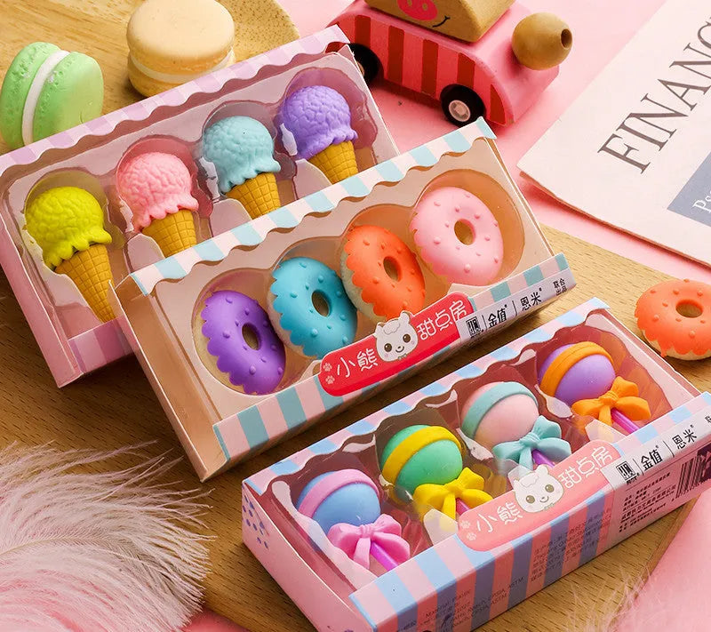 12 cartoon erasers in cone, ice cream, lollipop and donut shapes for students