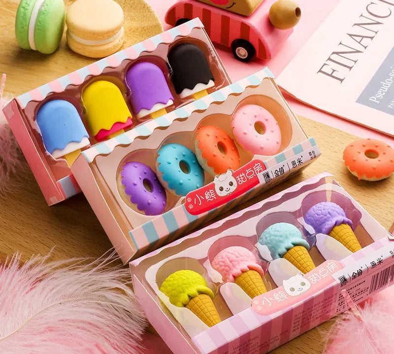 12 cartoon erasers in cone, ice cream, lollipop and donut shapes for students