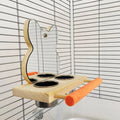 Wood-coloured parrot toy with stainless steel food cup, mirror, and grinding claw perch on a compact stand