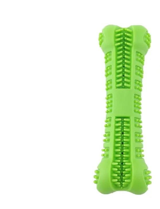 Bone-shaped silicone dog toothbrush with bristles on all sides and top toothpaste hole, in blue or green.