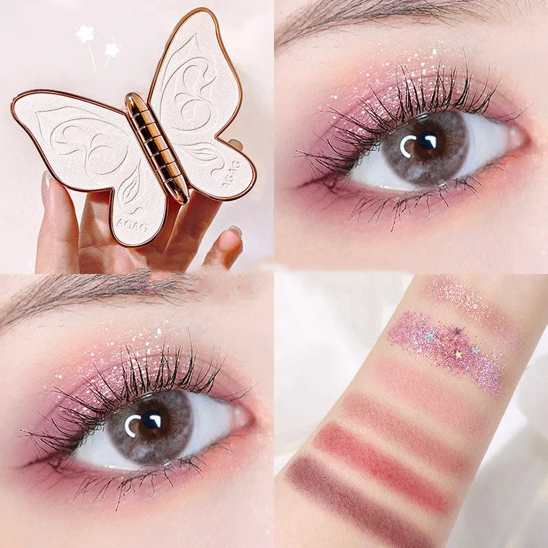 Butterfly-shaped 6-colour eyeshadow palette with matte and glitter shades in pink, yellow, purple and brown