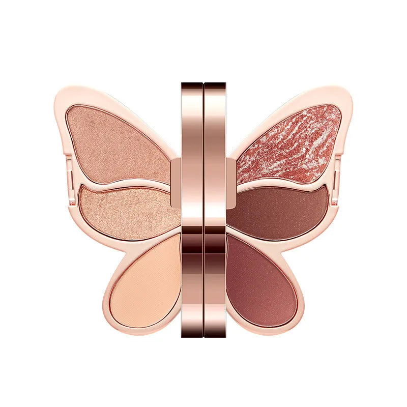 Butterfly-shaped 6-colour eyeshadow palette with matte and glitter shades in pink, yellow, purple and brown