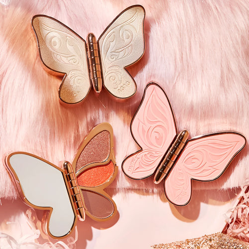 Butterfly-shaped 6-colour eyeshadow palette with matte and glitter shades in pink, yellow, purple and brown