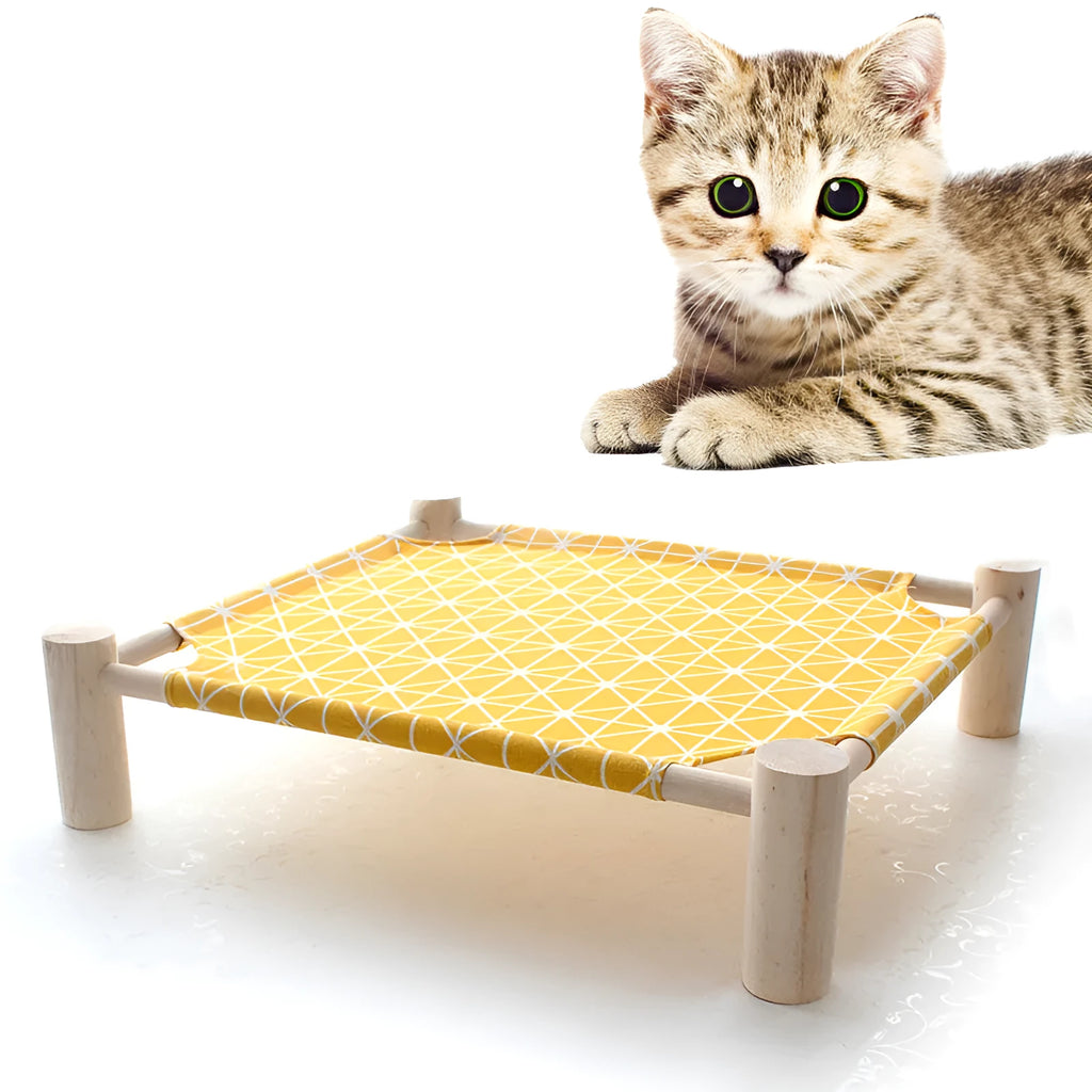 Solid wood raised pet bed with removable cloth cover, large size 65 x 53 x 13 cm, shown in a colour option
