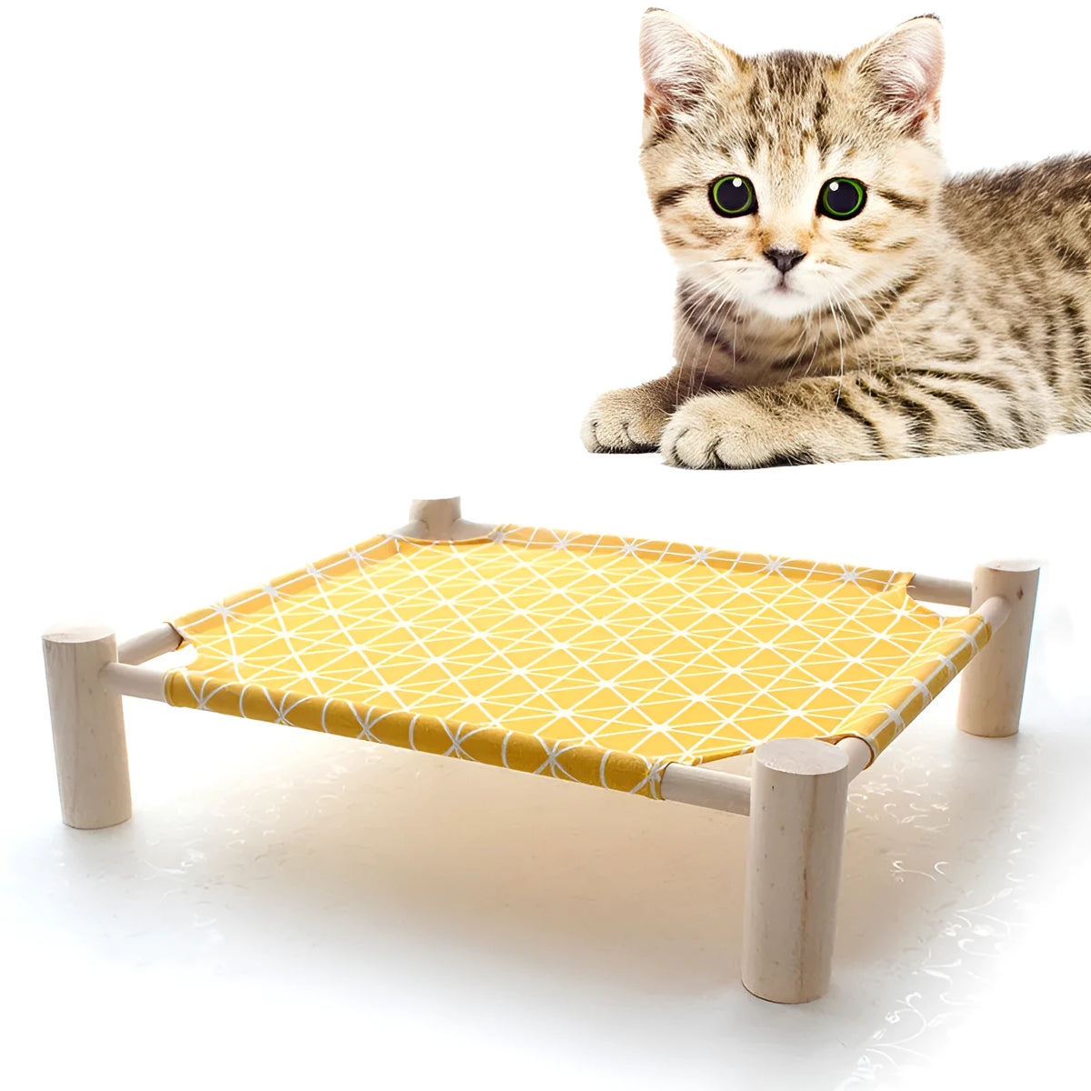 Solid wood raised pet bed with removable cloth cover, large size 65 x 53 x 13 cm, shown in a colour option