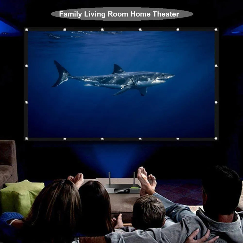 150-inch white portable pull-up projector screen on a tripod stand, shown in a folded position.