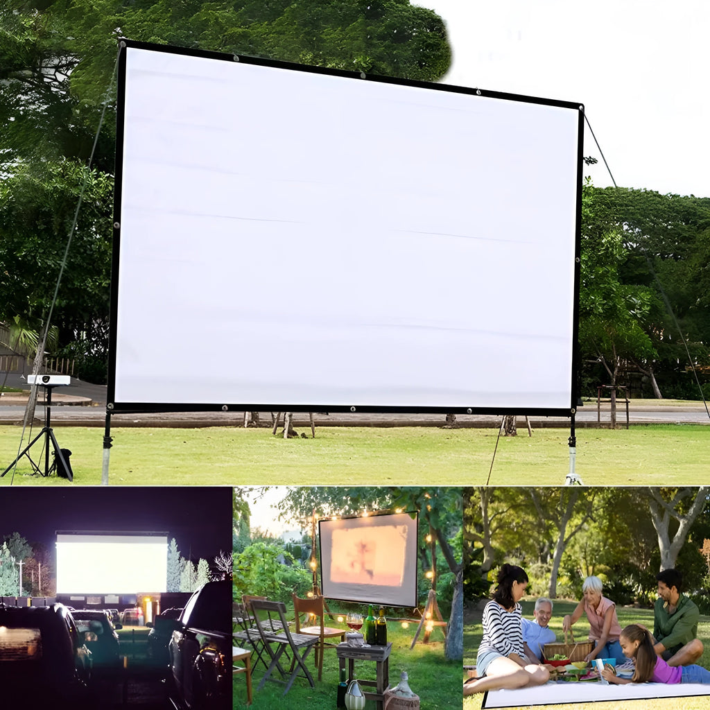 150-inch white portable pull-up projector screen on a tripod stand, shown in a folded position.