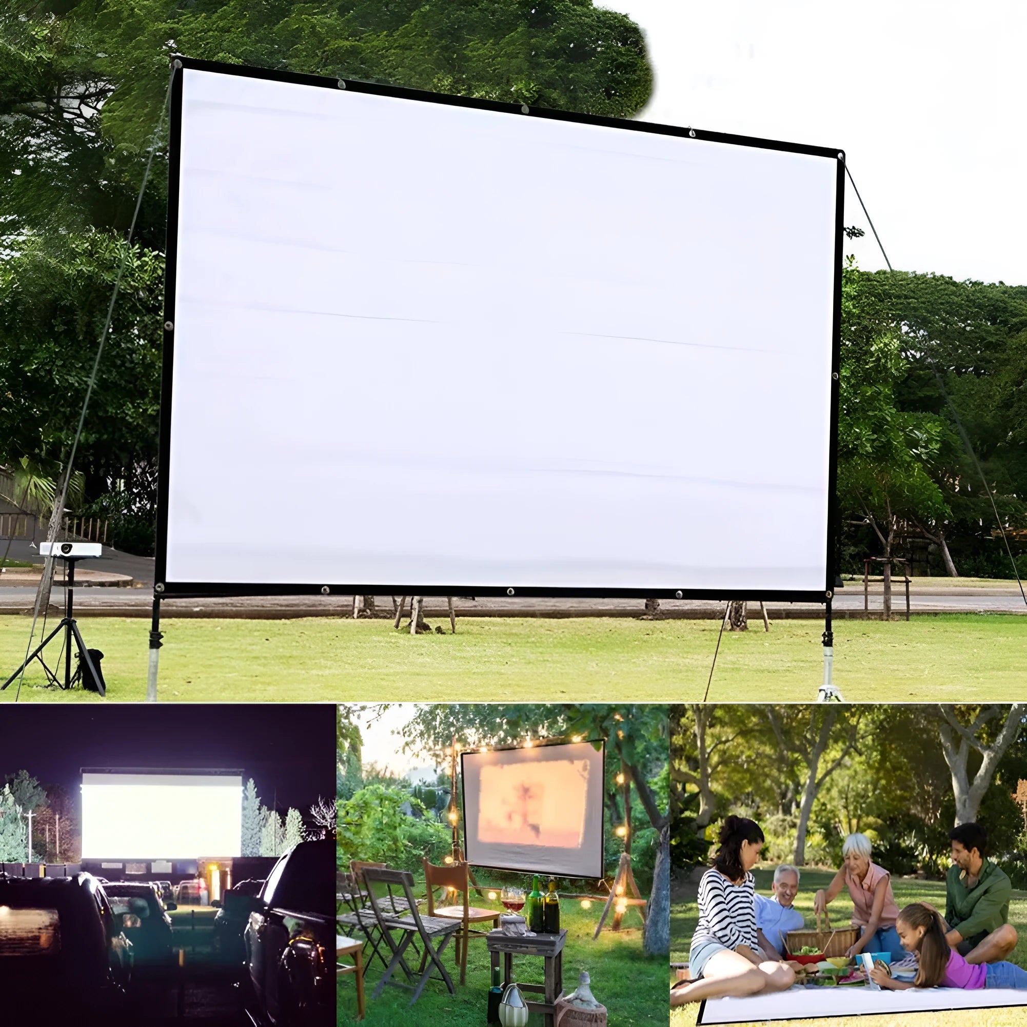 150-inch white portable pull-up projector screen on a tripod stand, shown in a folded position.