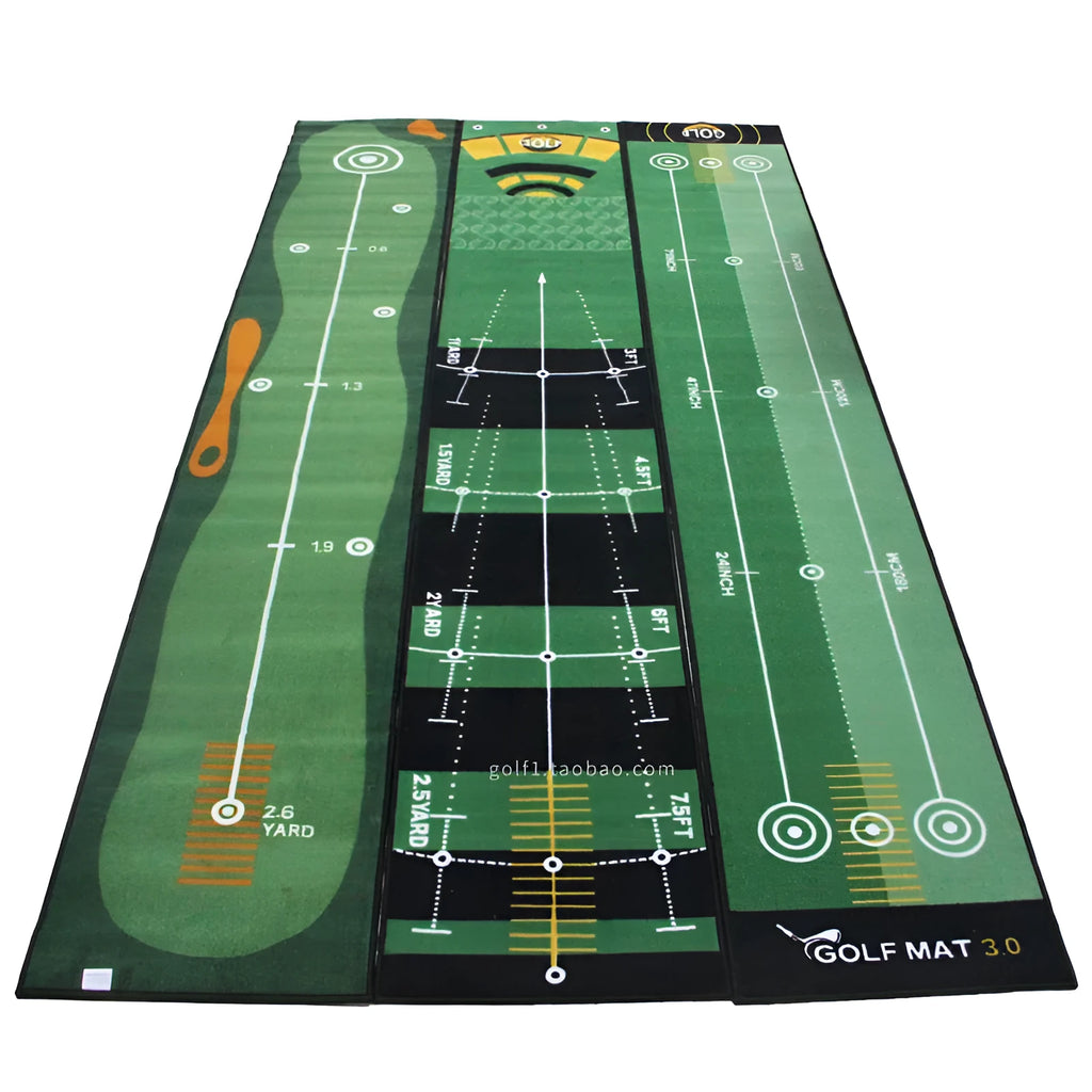 Golf putting practice blanket with non-slip TPR surface on indoor carpet, green colour style, 3 metres long