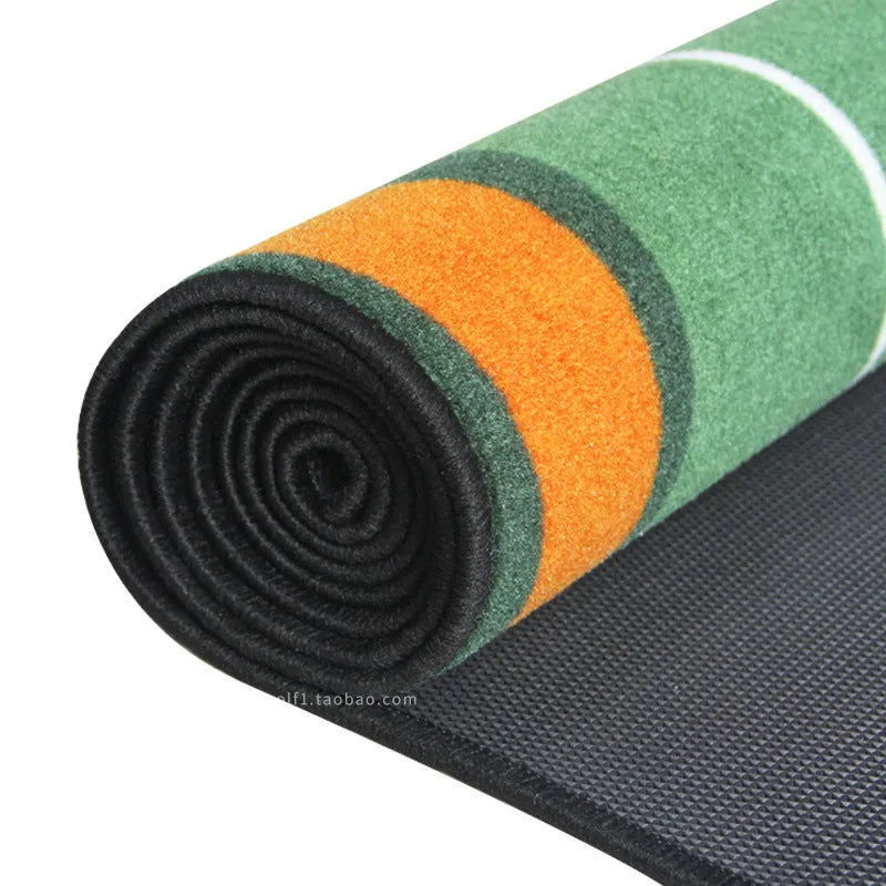 Golf putting practice blanket with non-slip TPR surface on indoor carpet, green colour style, 3 metres long
