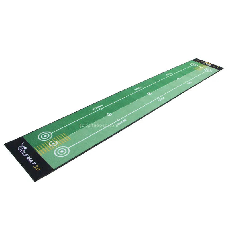 Golf putting practice blanket with non-slip TPR surface on indoor carpet, green colour style, 3 metres long