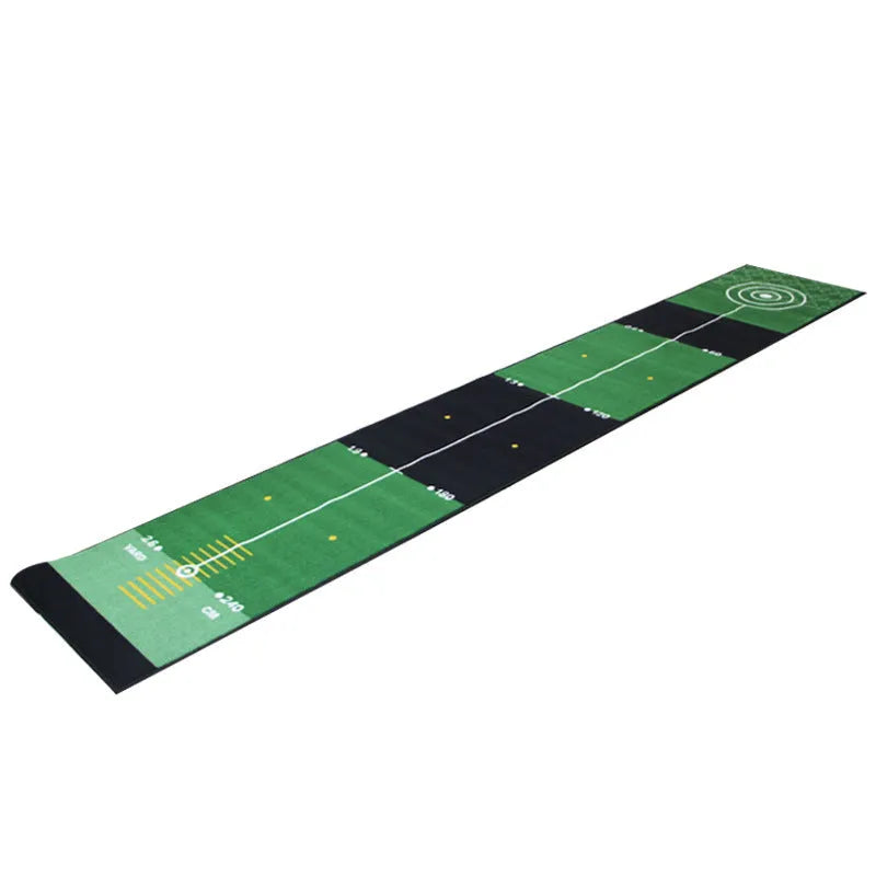 Golf putting practice blanket with non-slip TPR surface on indoor carpet, green colour style, 3 metres long