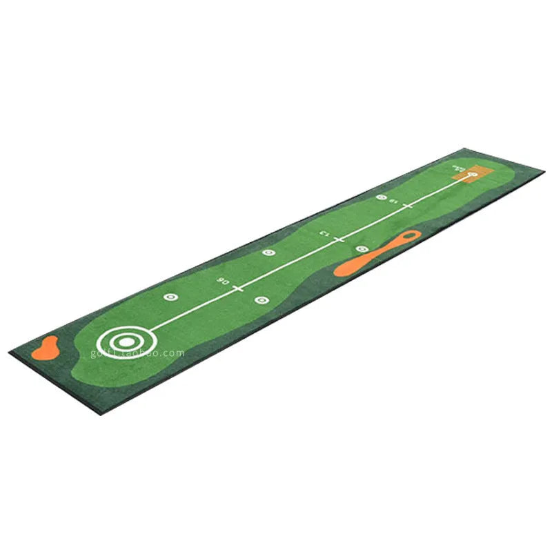 Golf putting practice blanket with non-slip TPR surface on indoor carpet, green colour style, 3 metres long