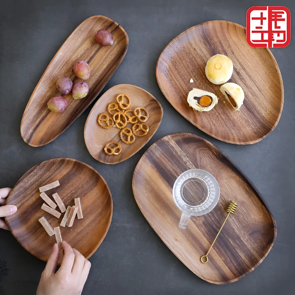 Acacia wood Japanese snack plate with natural grain, hand-polished finish, and multiple size options