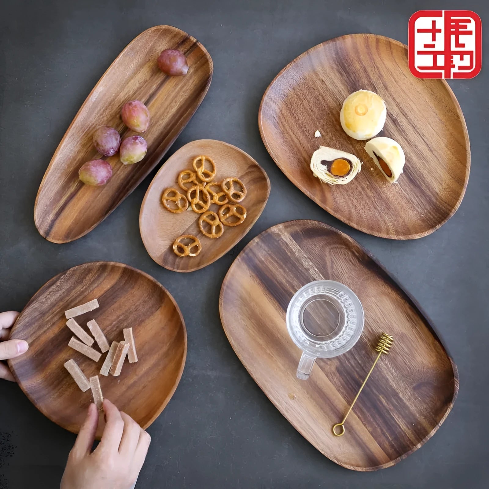 Acacia wood Japanese snack plate with natural grain, hand-polished finish, and multiple size options