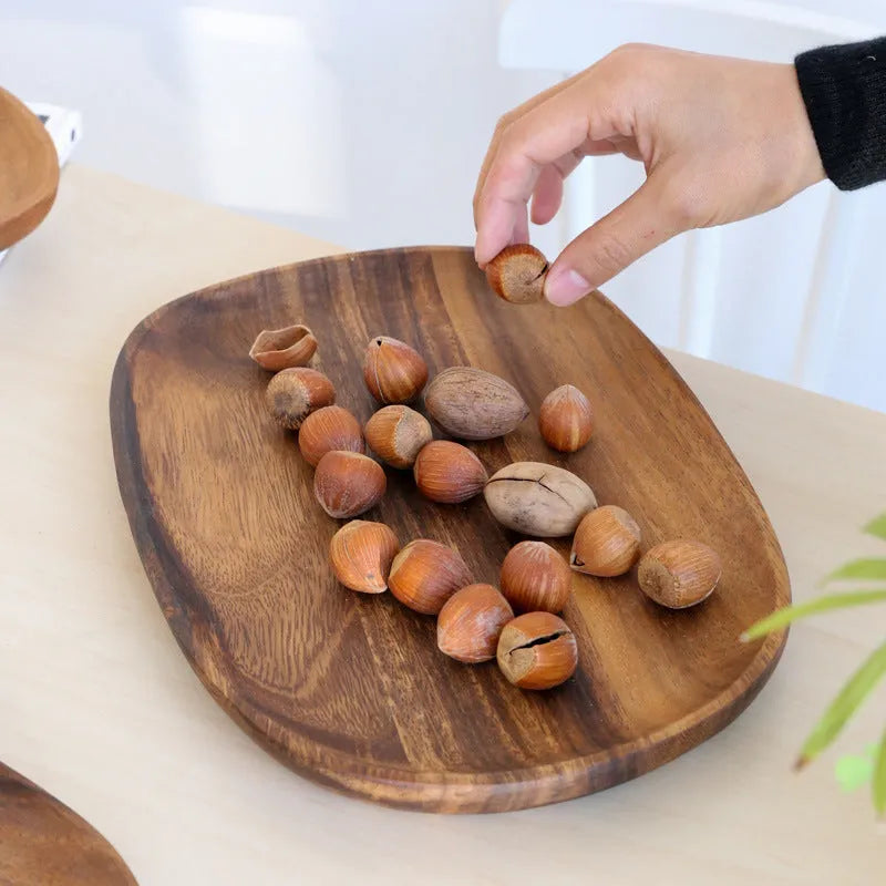 Acacia wood Japanese snack plate with natural grain, hand-polished finish, and multiple size options