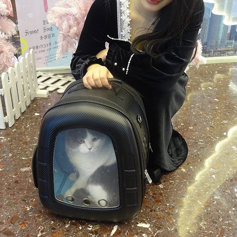 Yellow pet capsule backpack for cats and small dogs, 35x24x40cm, with transparent front dome
