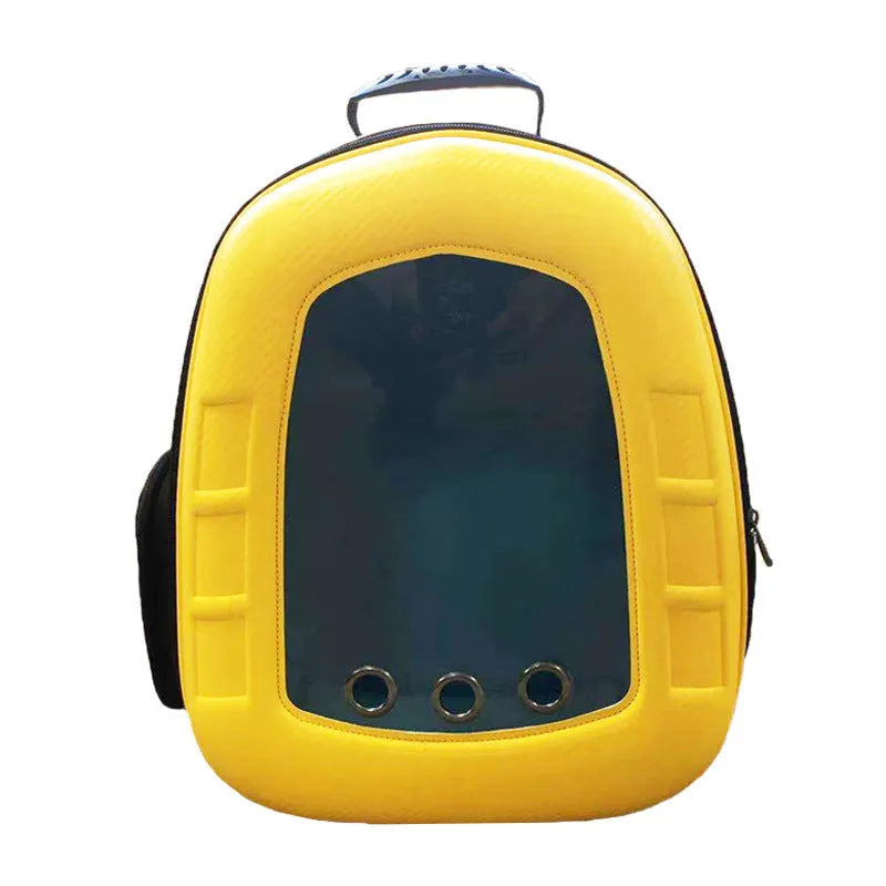 Yellow pet capsule backpack for cats and small dogs, 35x24x40cm, with transparent front dome