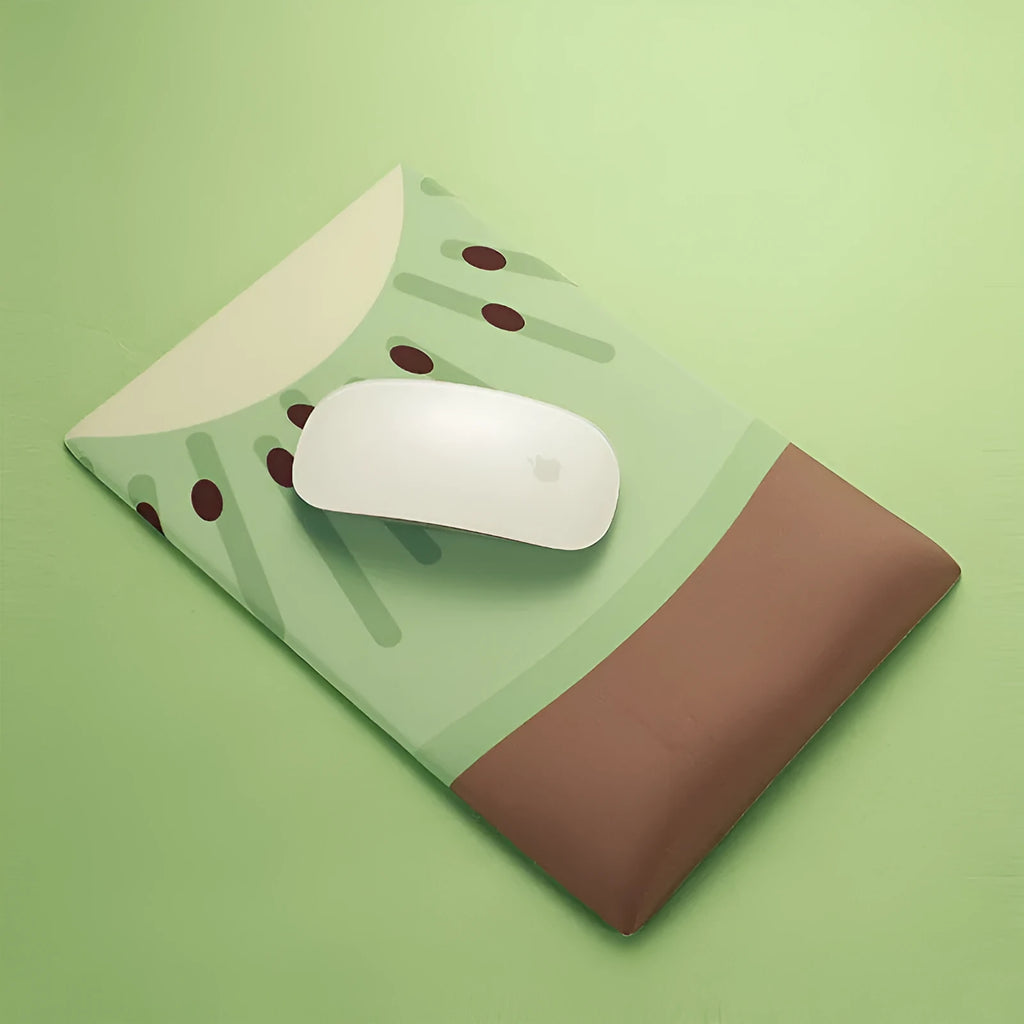 Green kiwi fruit design on a grey cloth mouse pad with a thick raised gel wrist rest and printed calculator.