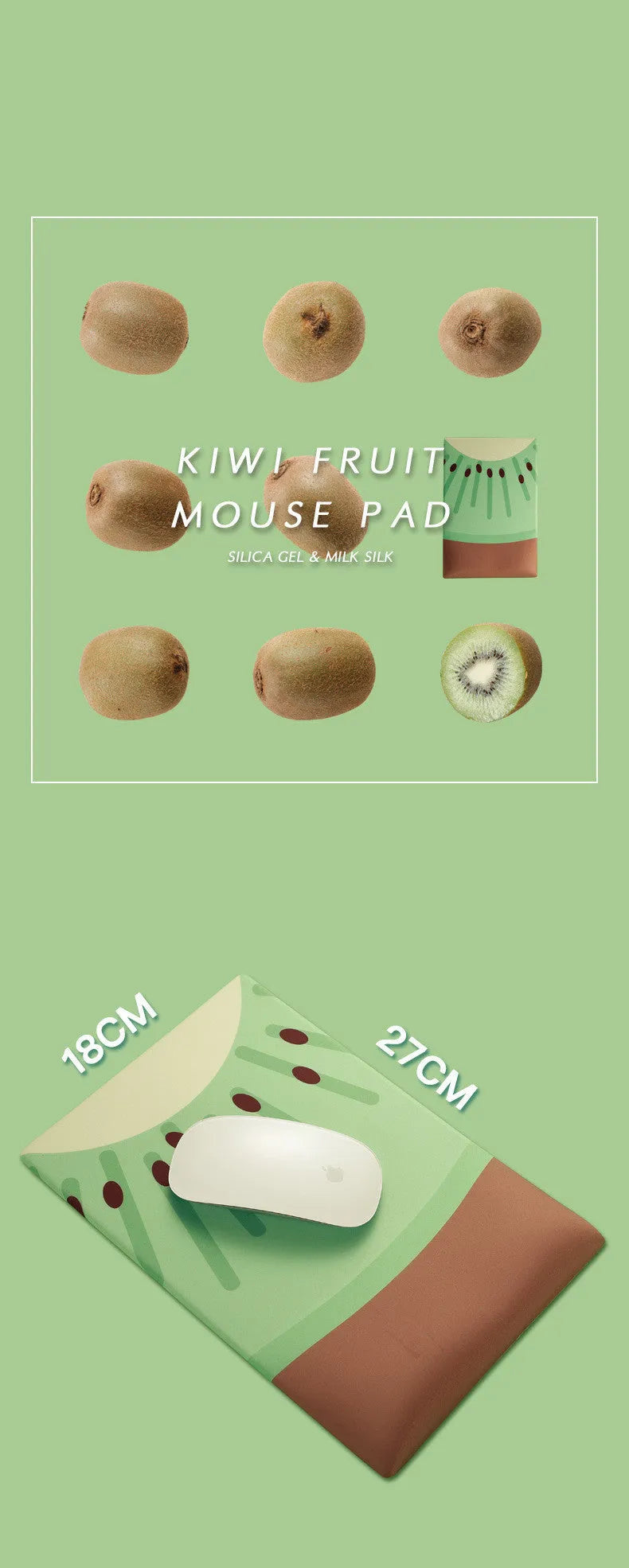 Green kiwi fruit design on a grey cloth mouse pad with a thick raised gel wrist rest and printed calculator.
