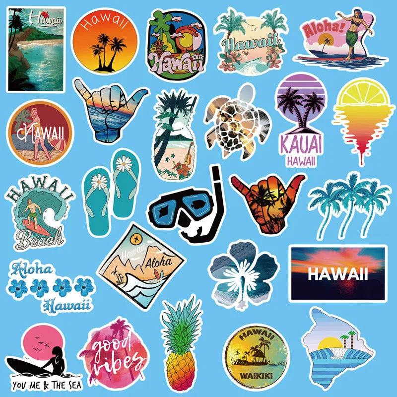 50 Hawaii-themed PVC stickers pre-cut 6-9cm in TYF-Hawaii 50 colourway