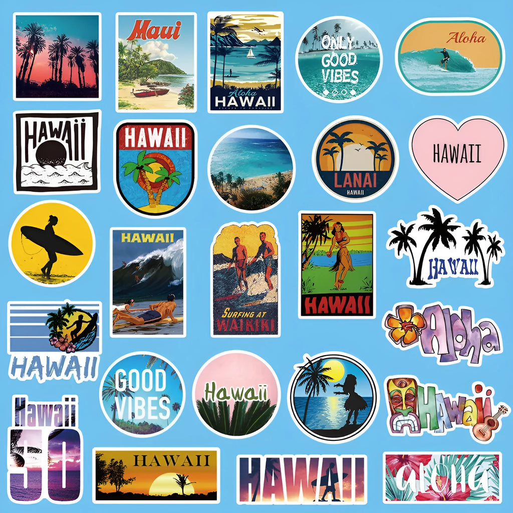 50 Hawaii-themed PVC stickers pre-cut 6-9cm in TYF-Hawaii 50 colourway