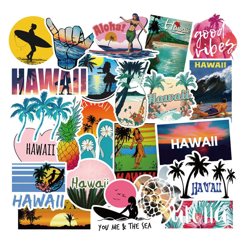 50 Hawaii-themed PVC stickers pre-cut 6-9cm in TYF-Hawaii 50 colourway
