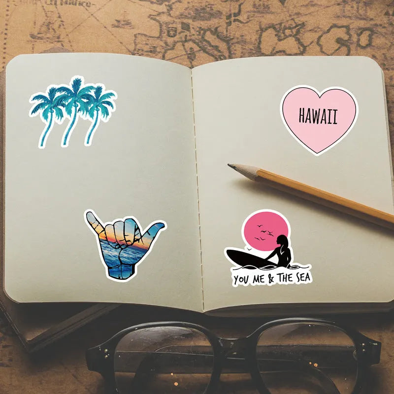 50 Hawaii-themed PVC stickers pre-cut 6-9cm in TYF-Hawaii 50 colourway
