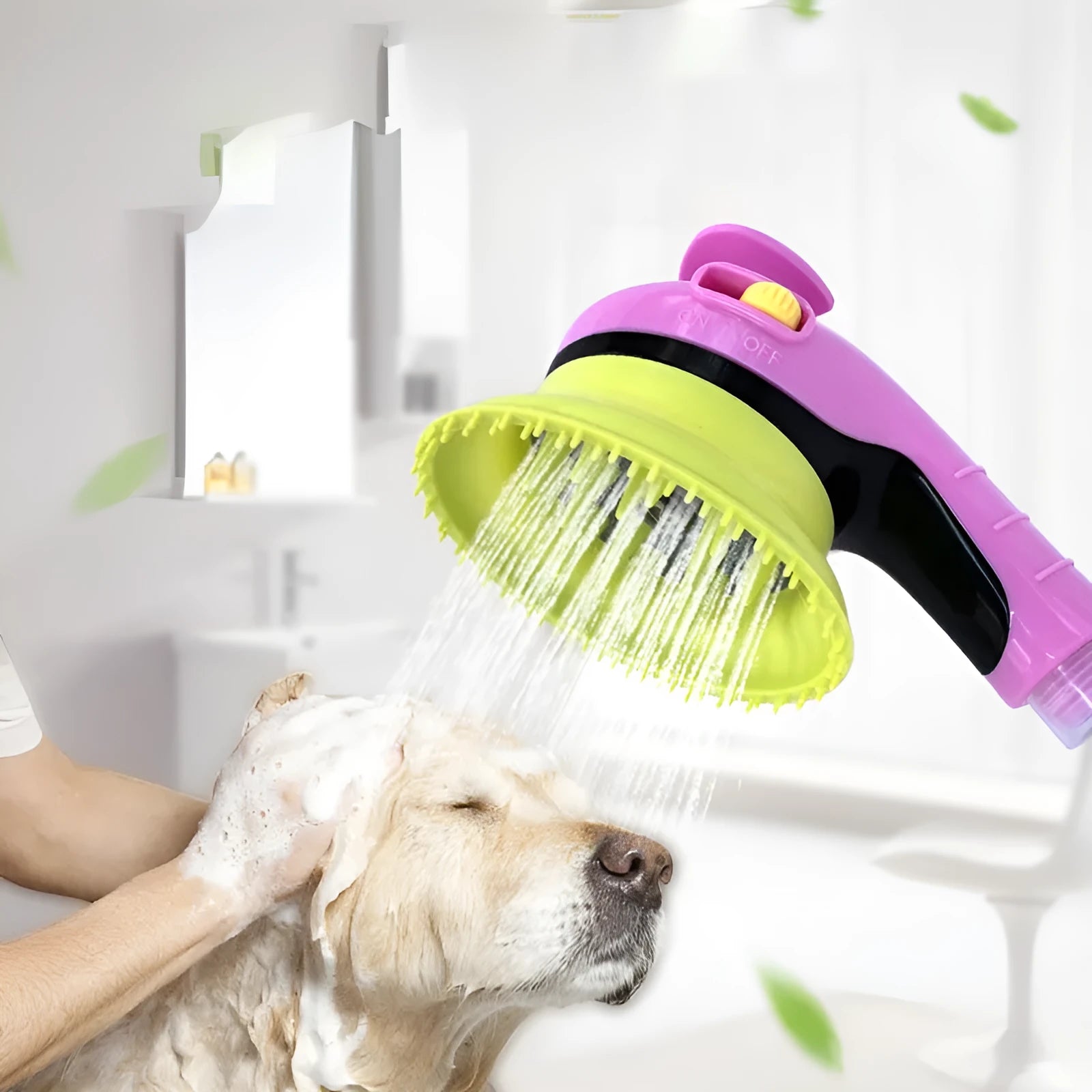Pet shower kit with massage brush and water lock switch, blue orange pink and yellow colour options, on a white background