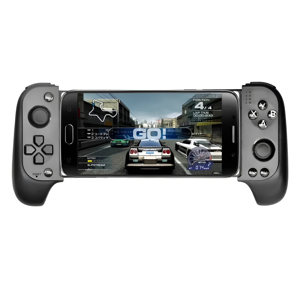 Cytec wireless Bluetooth telescopic game controller in black attached to a smartphone