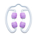 Purple annular silicone leg massage roller on a neutral background.