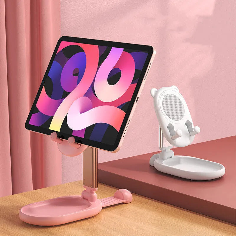 Blue foldable adjustable desk stand holding a tablet, featuring a mirrored front surface.