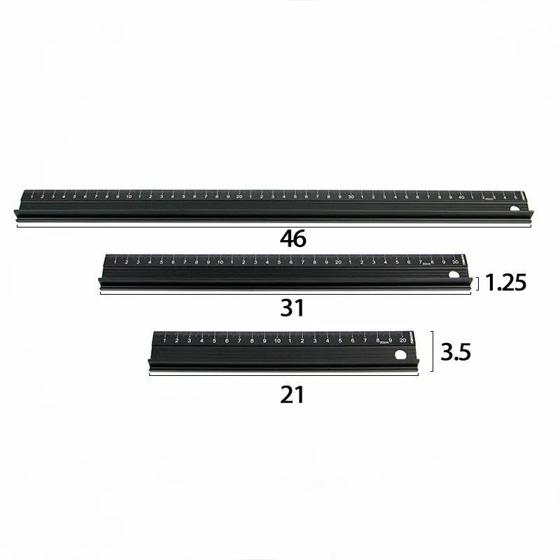 Black aluminium alloy cutting ruler with 12.5mm high protection board and non-slip pad on a cutting mat
