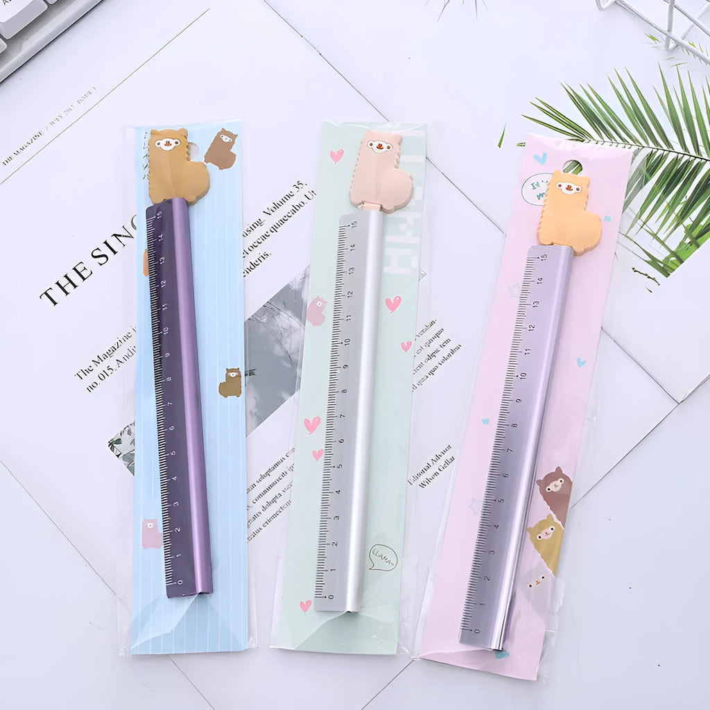 Colourful alpaca design printed on a silver 30 cm aluminium ruler with measurement markings