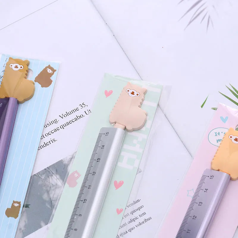 Colourful alpaca design printed on a silver 30 cm aluminium ruler with measurement markings