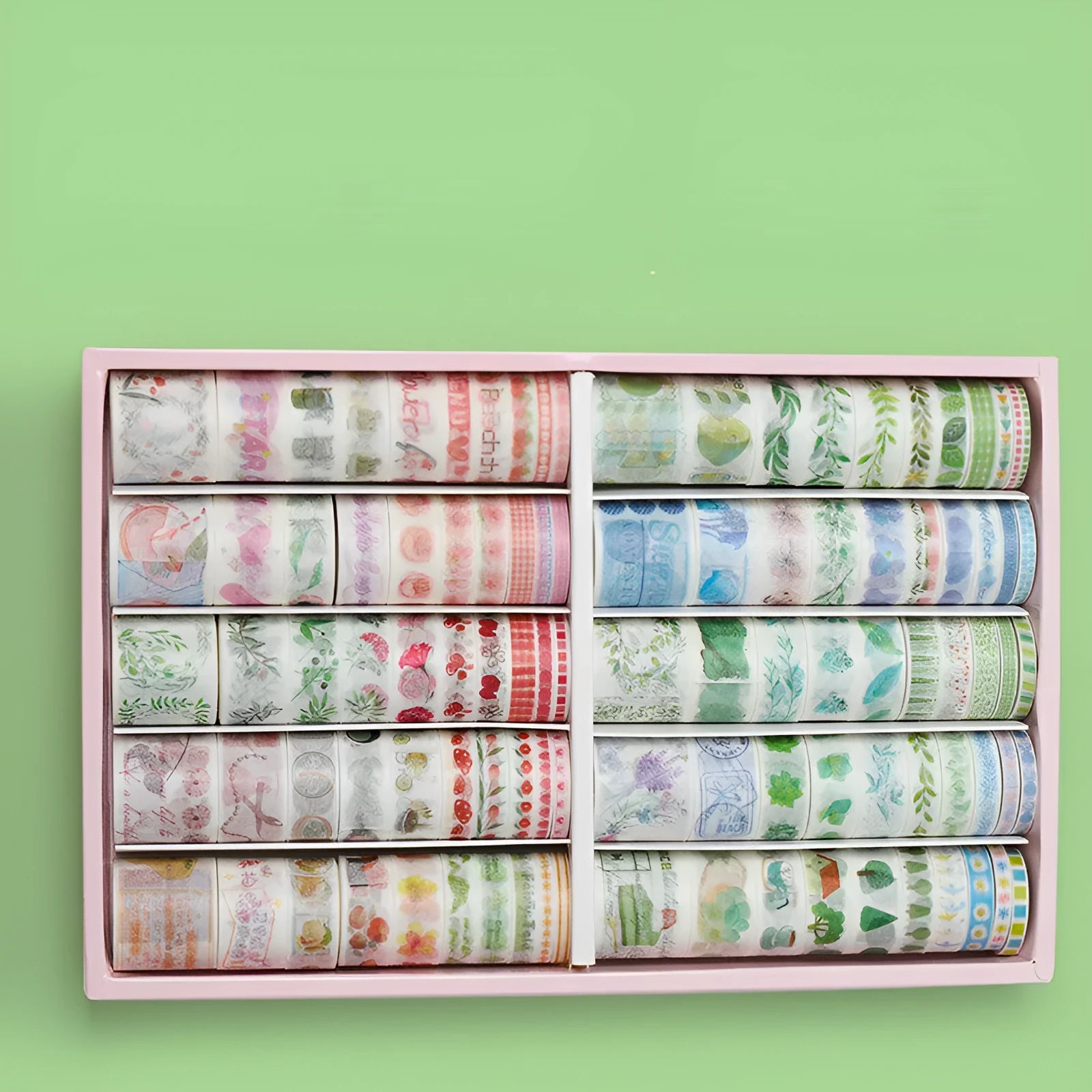 100 rolls of hand account tape in antique and cute designs organised in cardboard storage box