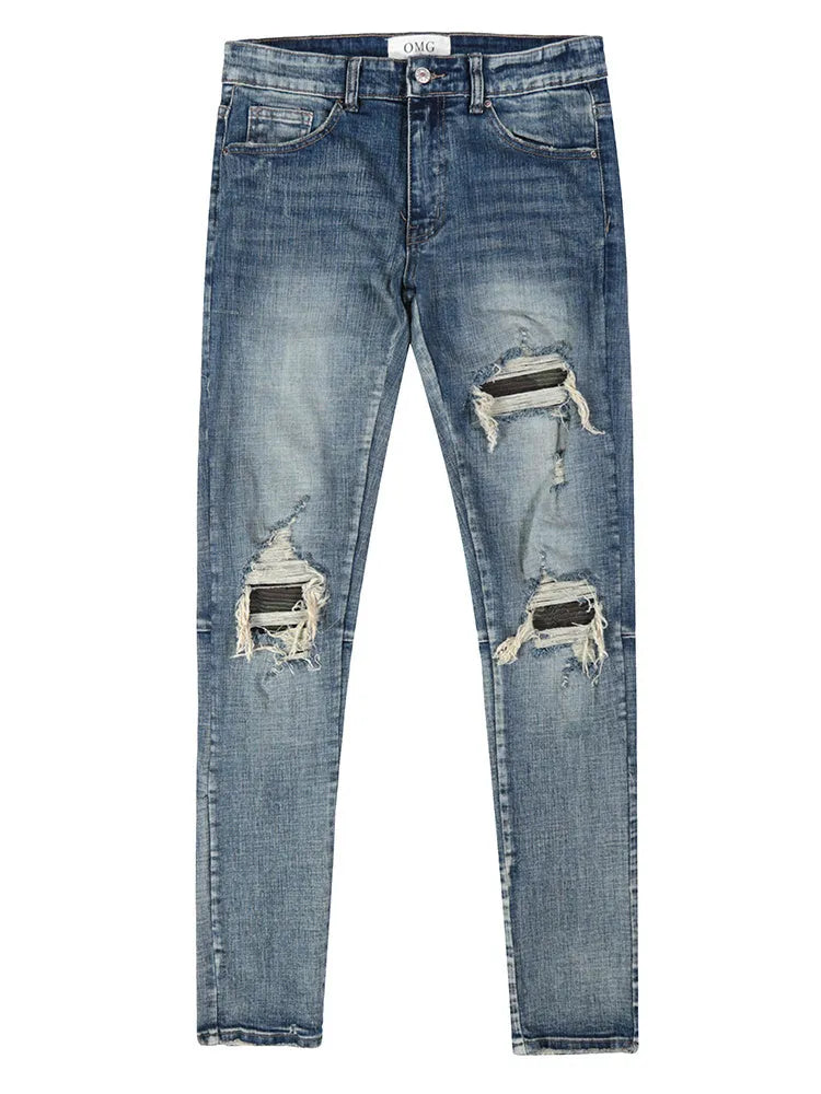 Men's ripped washed blue cotton denim jeans with mid waist and zip fly, sizes M to XXL