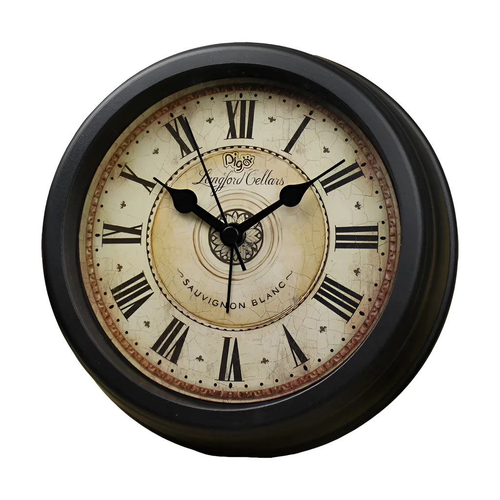 Round retro European-style 6-inch desk alarm clock with a white dial on a wooden surface.