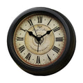Round retro European-style 6-inch desk alarm clock with a white dial on a wooden surface.