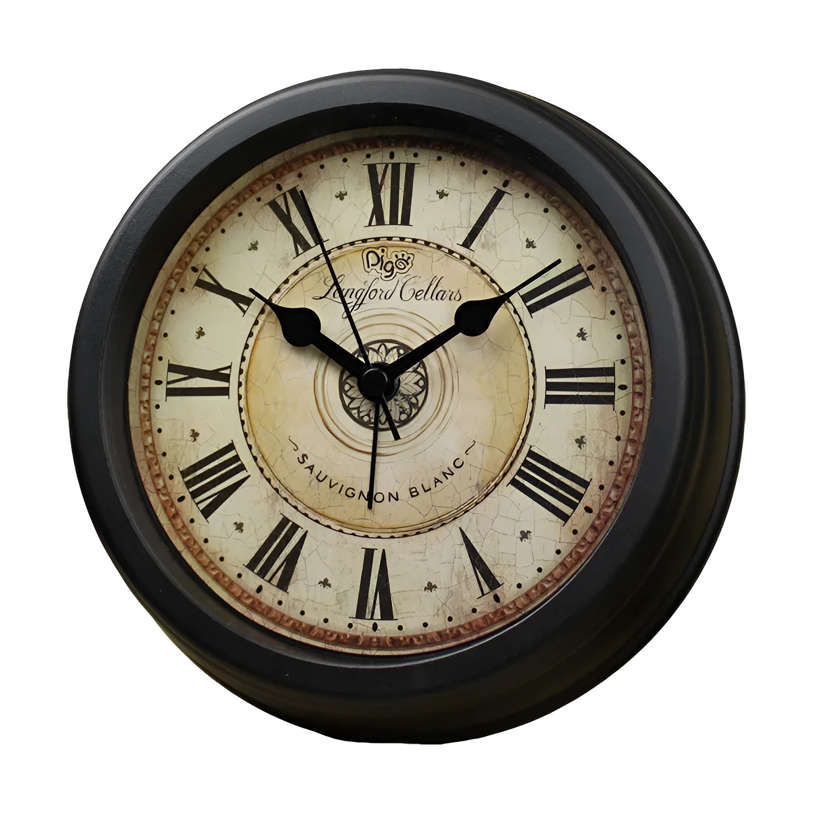 Round retro European-style 6-inch desk alarm clock with a white dial on a wooden surface.