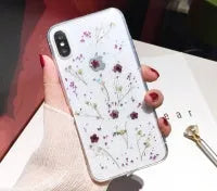 Handmade dried flower epoxy phone case with real flower specimens, TPU back cover, polka dots, Green Pink Purple Yellow