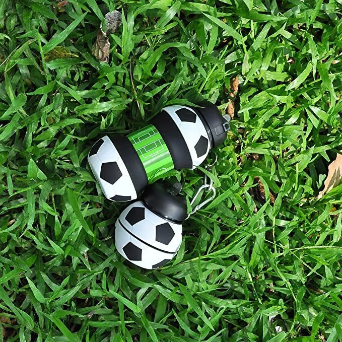 White football silicone collapsible water bottle with straw, 18oz BPA-free, leak-proof spout and carrying clip