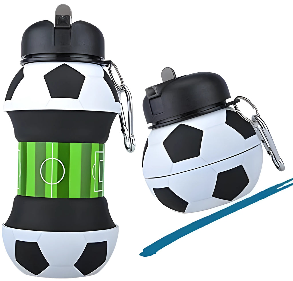 White football silicone collapsible water bottle with straw, 18oz BPA-free, leak-proof spout and carrying clip